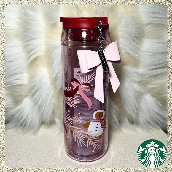 🎄🎀 NWT 2025 Starbucks Christmas Pink/Mauve 16oz Bottle w/ Ribbon Charm - Picture 1 of 12